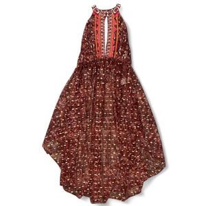 Free People Dress Boho Embroidered Halter High Low Maxi semi sheer open wmns M